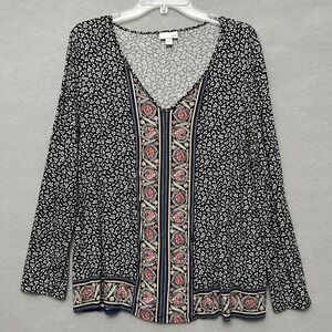 J. Jill Blouse Top Women's L V-Neck Long Sleeve Boho Black Floral Eclectic Comfy